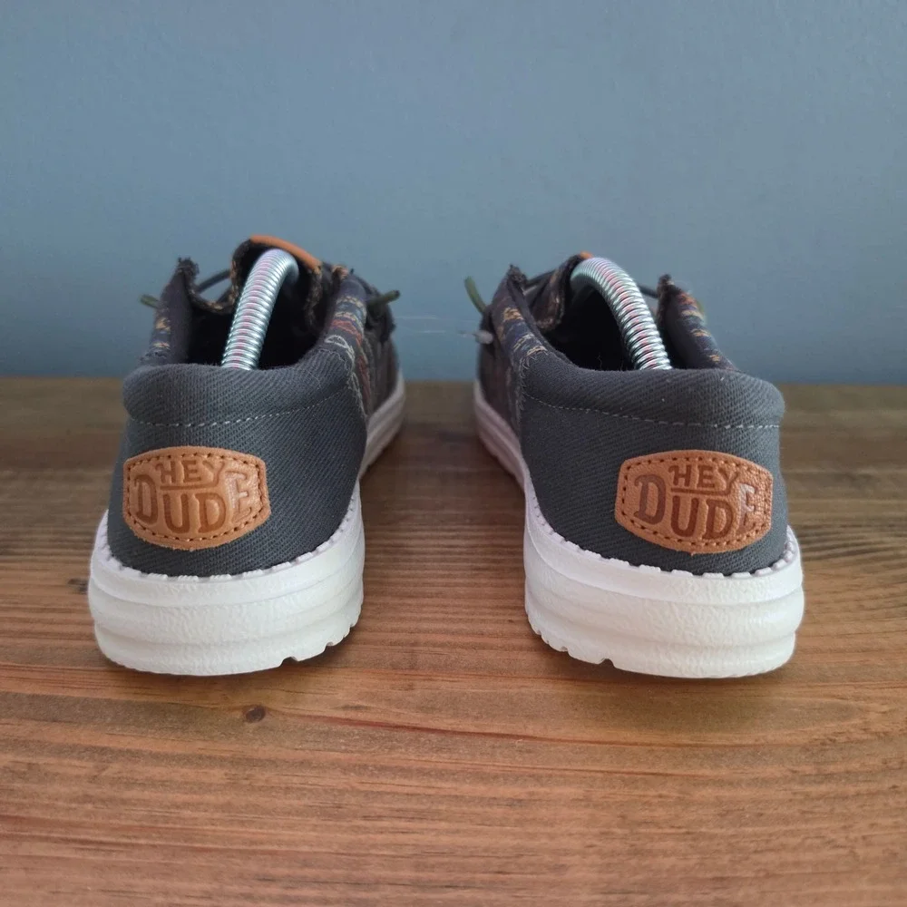 Hey Dude Kids Wally Funk Loafers Grey Tribal Pattern Canvas Slip On Shoes Size 4